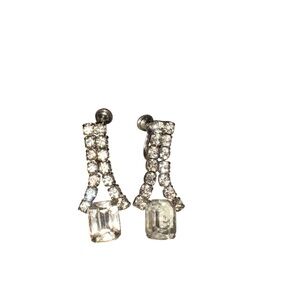 Vintage Rhinestone Drop Earrings Clear Emerald Cut Screw Back J42